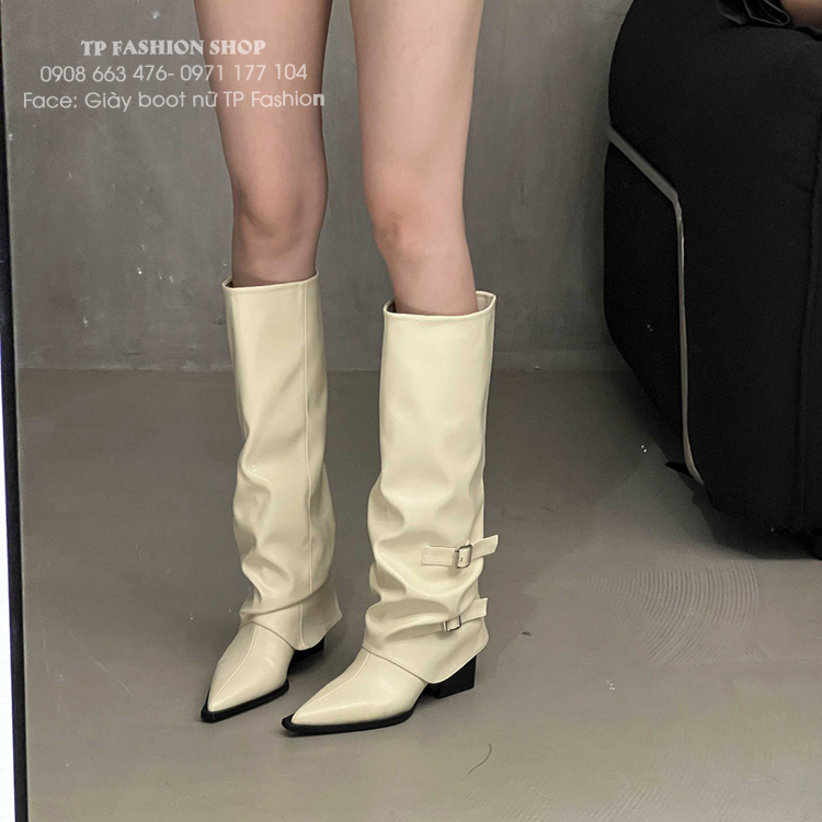 Giày boot nữ dưới gối CỔ LẬT màu trắng đục phong cách Âu Mỹ hottrend GCC36B