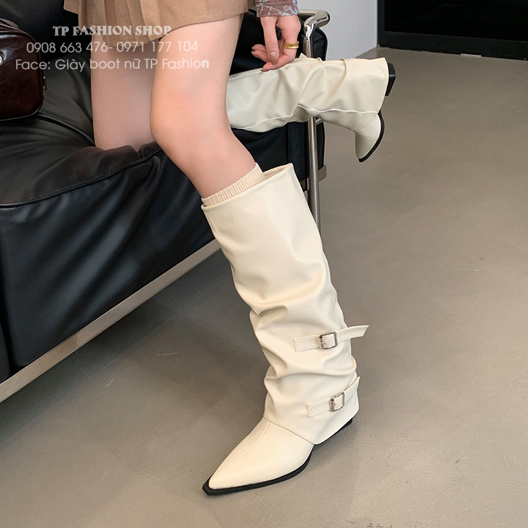Giày boot nữ dưới gối CỔ LẬT màu trắng đục phong cách Âu Mỹ hottrend GCC36B