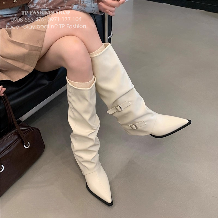 Giày boot nữ dưới gối CỔ LẬT màu trắng đục phong cách Âu Mỹ hottrend GCC36B