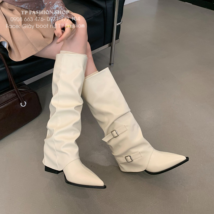 Giày boot nữ dưới gối CỔ LẬT màu trắng đục phong cách Âu Mỹ hottrend GCC36B