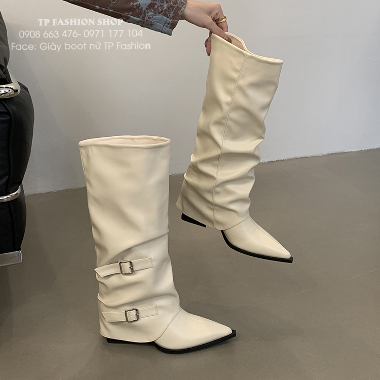 Giày boot nữ dưới gối CỔ LẬT màu trắng đục phong cách Âu Mỹ hottrend GCC36B
