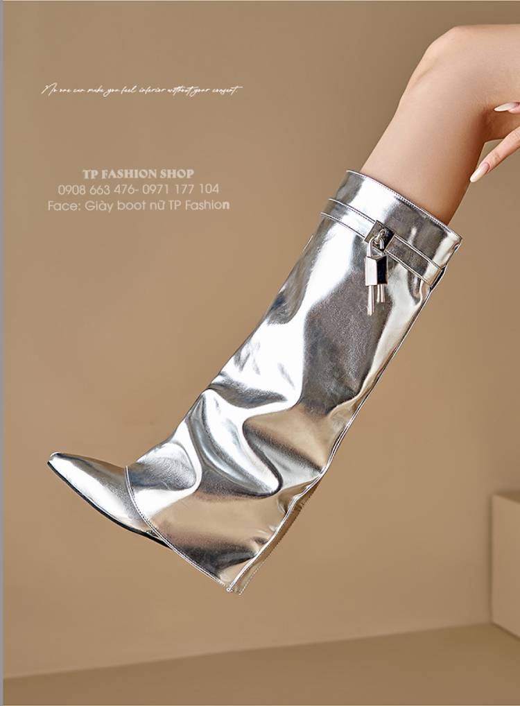 Giày boot nữ BẠC, CỔ LẬT hottrend DƯỚI GỐI đế xuồng 8.5cm MŨI NHỌN GCC38A