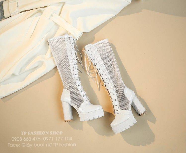 Giày boot lưới CỔ CAO màu trắng THẮT DÂY gót vuông 11cm SEXY HIỆN ĐẠI GCC40B Giày boot lưới CỔ CAO màu trắng THẮT DÂY gót vuông 11cm SEXY HIỆN ĐẠI GCC40B