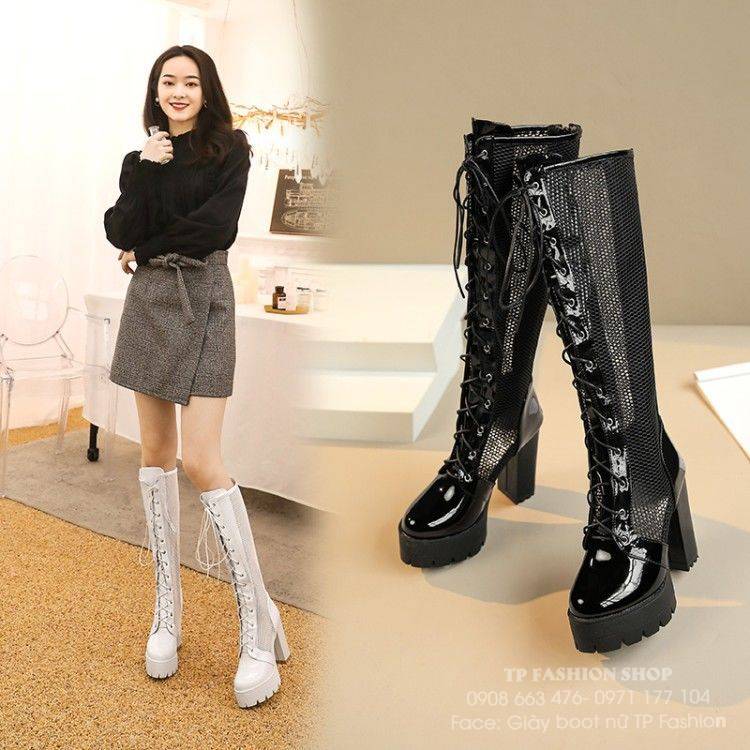 Giày boot lưới CỔ CAO dưới gối THẮT DÂY gót vuông 11cm SEXY HIỆN ĐẠI GCC40A