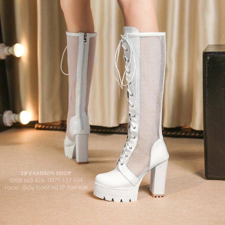 Giày boot lưới CỔ CAO màu trắng THẮT DÂY gót vuông 11cm SEXY HIỆN ĐẠI GCC40B Giày boot lưới CỔ CAO màu trắng THẮT DÂY gót vuông 11cm SEXY HIỆN ĐẠI GCC40B