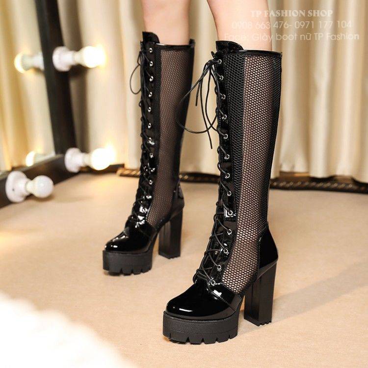 Giày boot lưới CỔ CAO dưới gối THẮT DÂY gót vuông 11cm SEXY HIỆN ĐẠI GCC40A