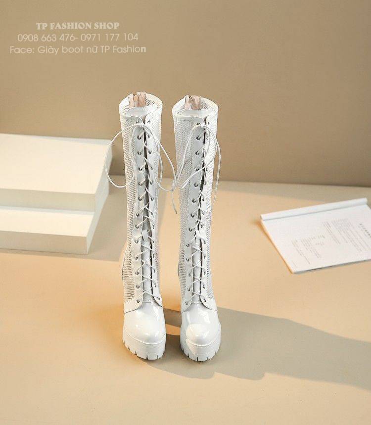 Giày boot lưới CỔ CAO màu trắng THẮT DÂY gót vuông 11cm SEXY HIỆN ĐẠI GCC40B Giày boot lưới CỔ CAO màu trắng THẮT DÂY gót vuông 11cm SEXY HIỆN ĐẠI GCC40B