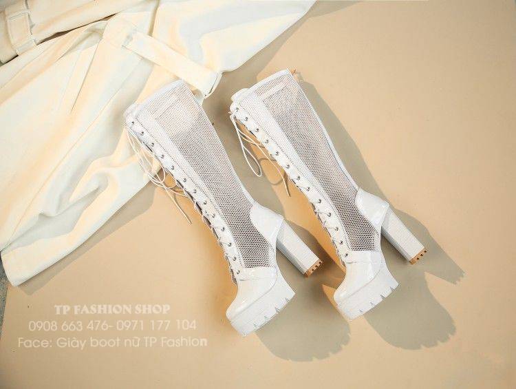 Giày boot lưới CỔ CAO màu trắng THẮT DÂY gót vuông 11cm SEXY HIỆN ĐẠI GCC40B Giày boot lưới CỔ CAO màu trắng THẮT DÂY gót vuông 11cm SEXY HIỆN ĐẠI GCC40B