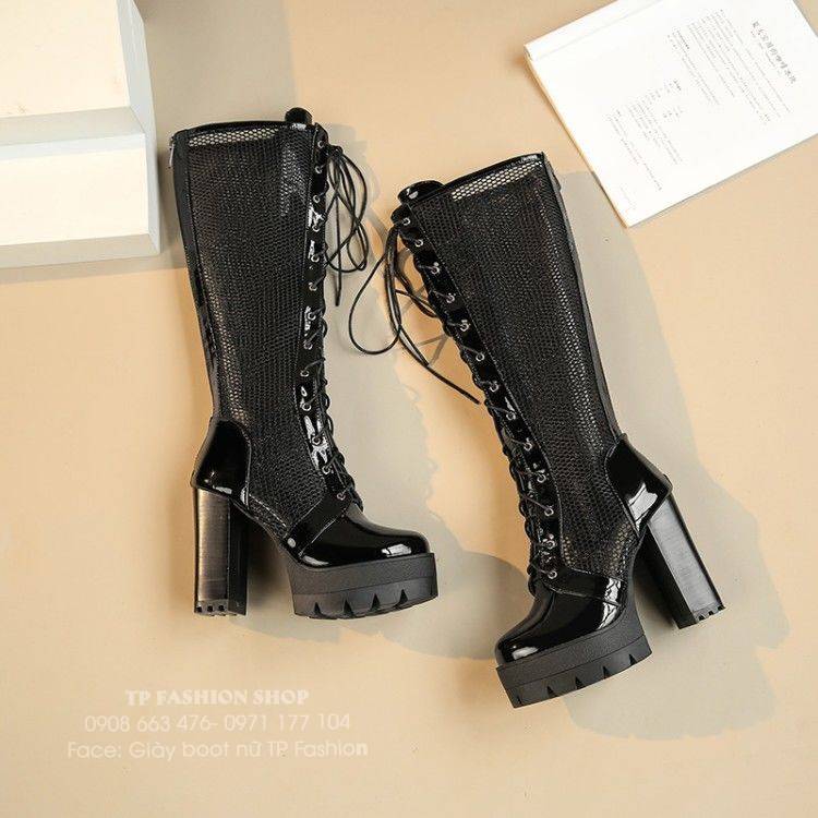 Giày boot lưới CỔ CAO dưới gối THẮT DÂY gót vuông 11cm SEXY HIỆN ĐẠI GCC40A