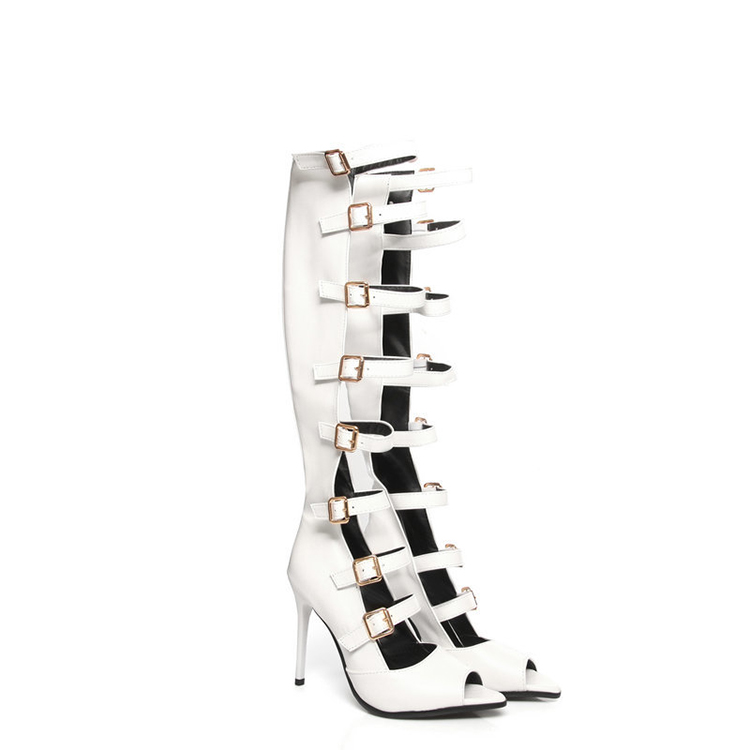 Giày sandal dây cổ cao màu trắng gót nhọn cao 11cm, có khuy cài ôm chân GCC41B