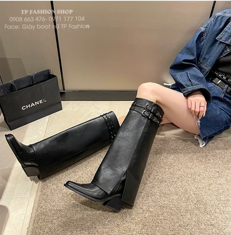 Giày boot cổ cao PHONG CÁCH CAO BỒI , boot quần ống rộng mũi vuông , gót xéo thời thượng GCC42