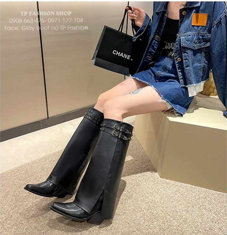 Giày boot cổ cao PHONG CÁCH CAO BỒI , boot quần ống rộng mũi vuông , gót xéo thời thượng GCC42