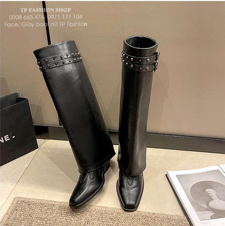 Giày boot cổ cao PHONG CÁCH CAO BỒI , boot quần ống rộng mũi vuông , gót xéo thời thượng GCC42