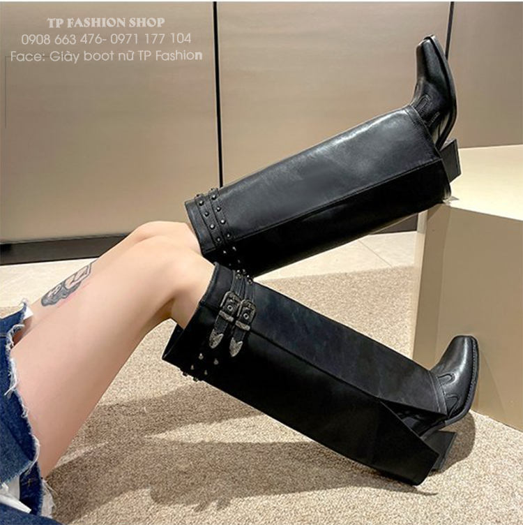Giày boot cổ cao PHONG CÁCH CAO BỒI , boot quần ống rộng mũi vuông , gót xéo thời thượng GCC42