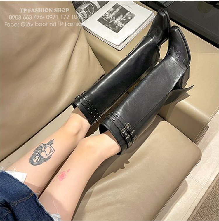 Giày boot cổ cao PHONG CÁCH CAO BỒI , boot quần ống rộng mũi vuông , gót xéo thời thượng GCC42