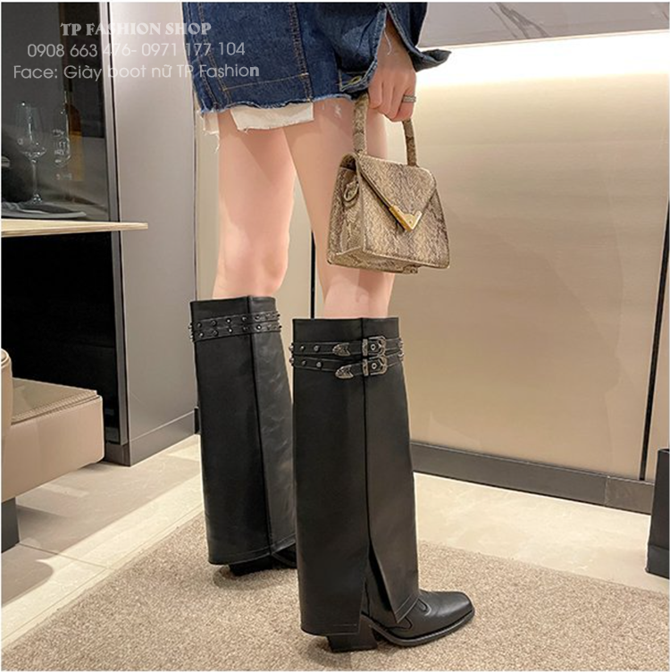 Giày boot cổ cao PHONG CÁCH CAO BỒI , boot quần ống rộng mũi vuông , gót xéo thời thượng GCC42