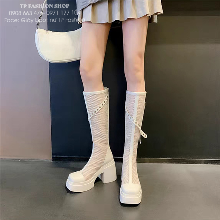 Giày boot lưới nữ cổ cao ĐẾ DẦYmàu TRẮNG KEM phong cách trẻ trung hiện đại GCC43B