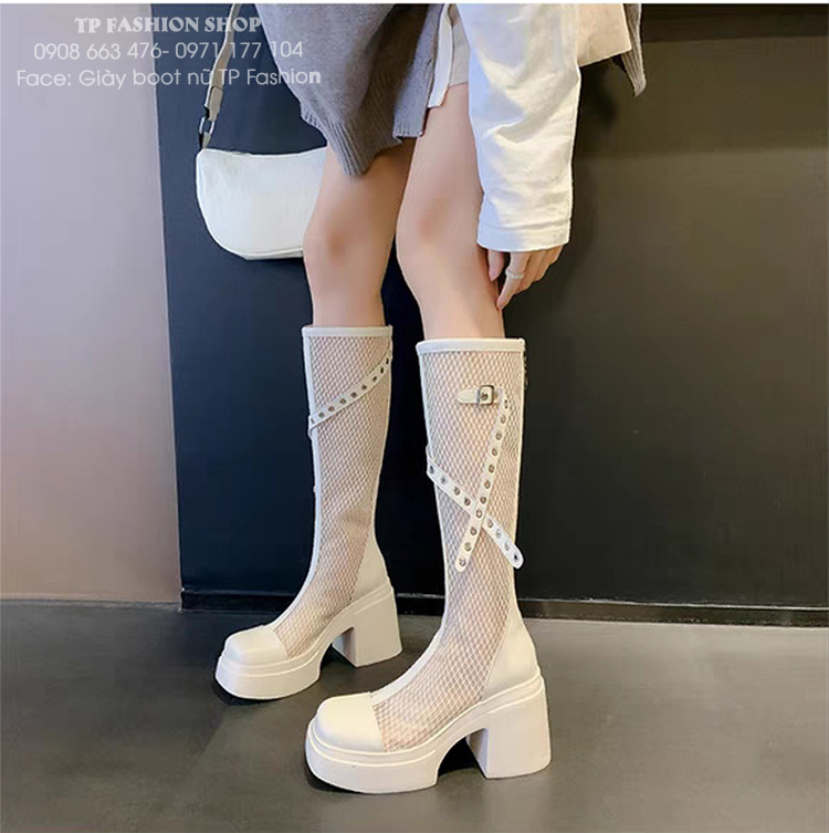 Giày boot lưới nữ cổ cao ĐẾ DẦYmàu TRẮNG KEM phong cách trẻ trung hiện đại GCC43B