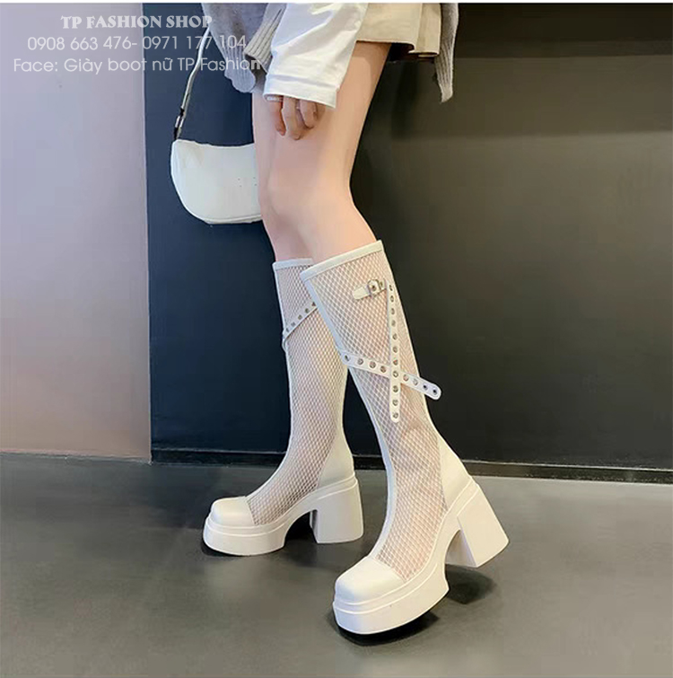 Giày boot lưới nữ cổ cao ĐẾ DẦYmàu TRẮNG KEM phong cách trẻ trung hiện đại GCC43B