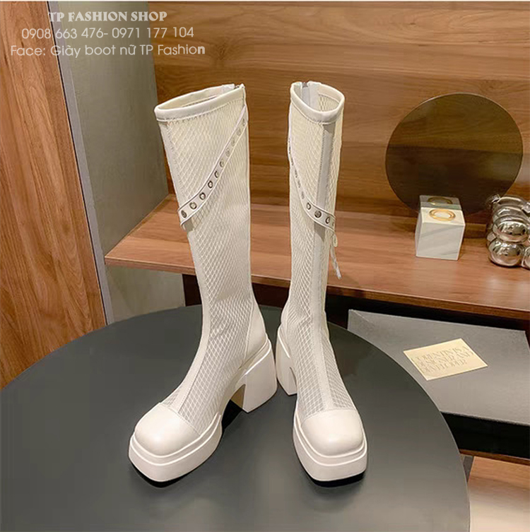 Giày boot lưới nữ cổ cao ĐẾ DẦYmàu TRẮNG KEM phong cách trẻ trung hiện đại GCC43B