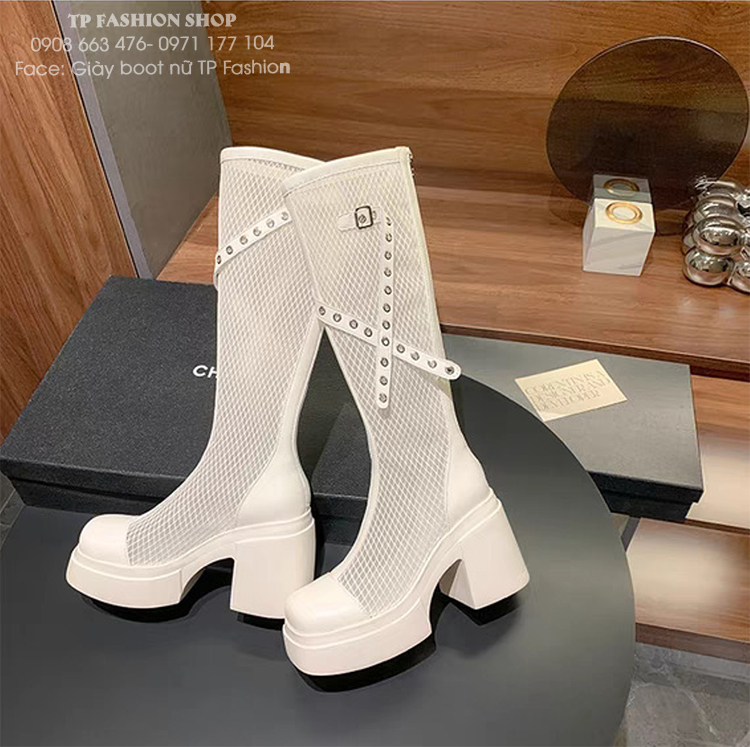Giày boot lưới nữ cổ cao ĐẾ DẦYmàu TRẮNG KEM phong cách trẻ trung hiện đại GCC43B