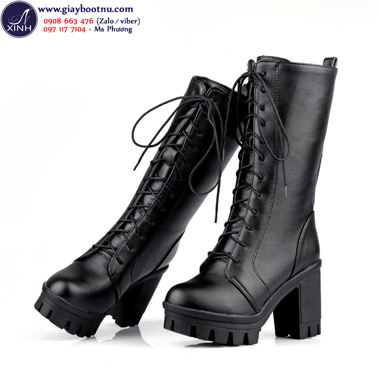 Giày boot nữ cổ cao cột dây màu đen GCC4501