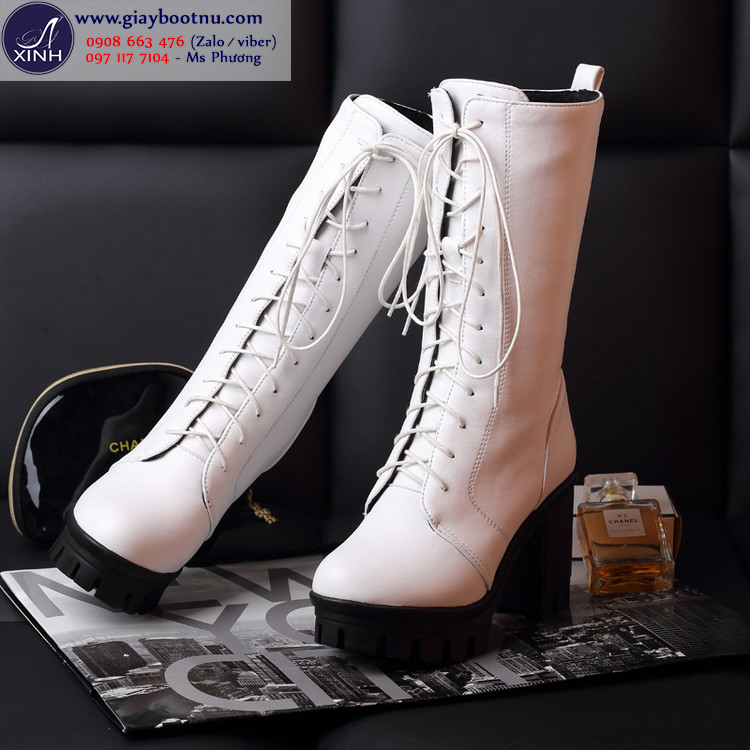 Giày boot nữ cổ cao cột dây màu trắng sành điệu GCC4502