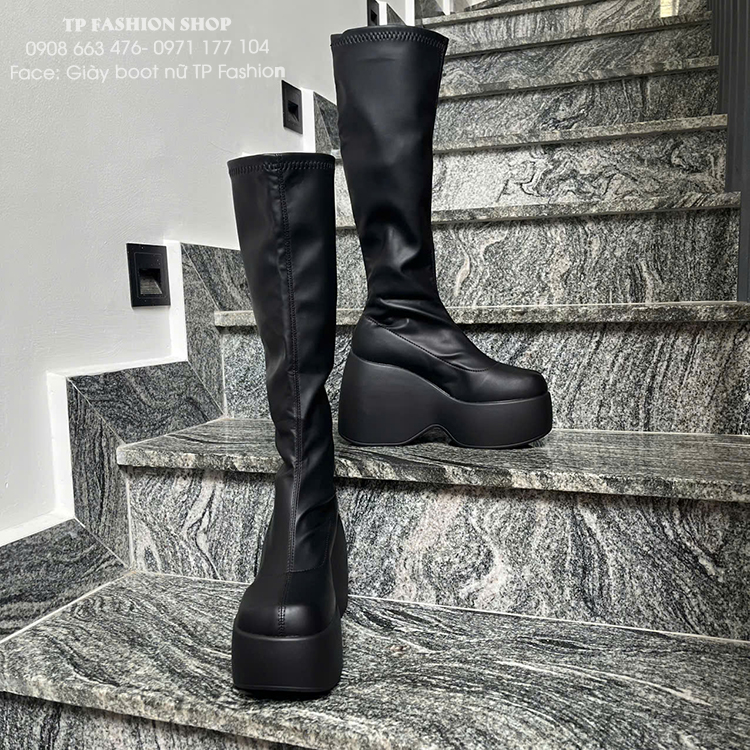 Giày boot nữ cổ cao dưới gối ĐẾ BÁNH MÌ 12CM hack dáng da PU mềm ÔM CHÂN GCC46A 