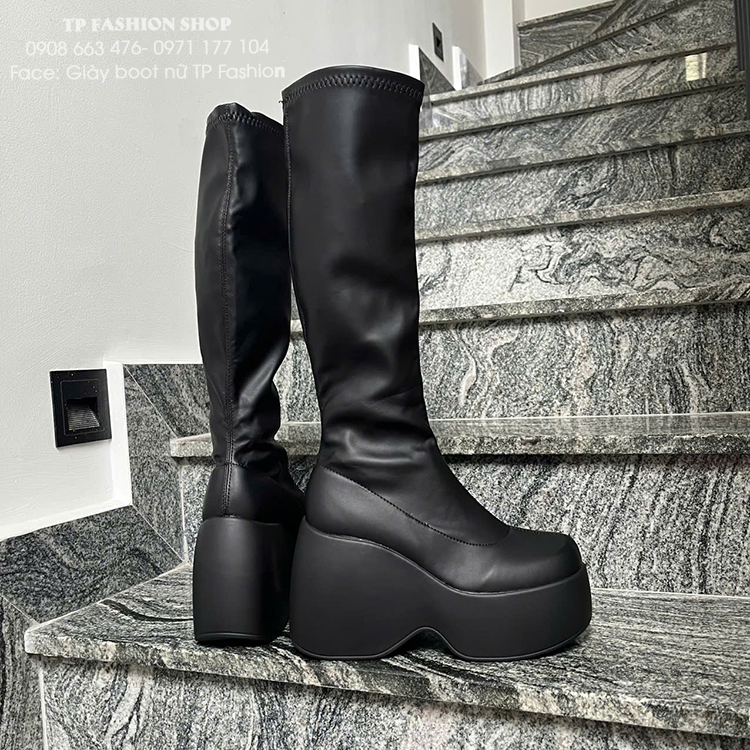 Giày boot nữ cổ cao dưới gối ĐẾ BÁNH MÌ 12CM hack dáng da PU mềm ÔM CHÂN GCC46A 