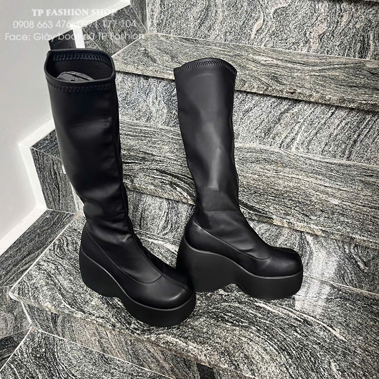 Giày boot nữ cổ cao dưới gối ĐẾ BÁNH MÌ 12CM hack dáng da PU mềm ÔM CHÂN GCC46A 