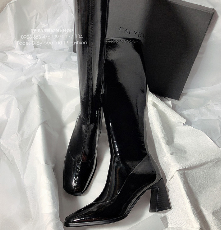Giày boot nữ cổ cao DƯỚI GỐI chất da bóng mềm ôm chân gót trụ SANG CHẢNH GCC47A