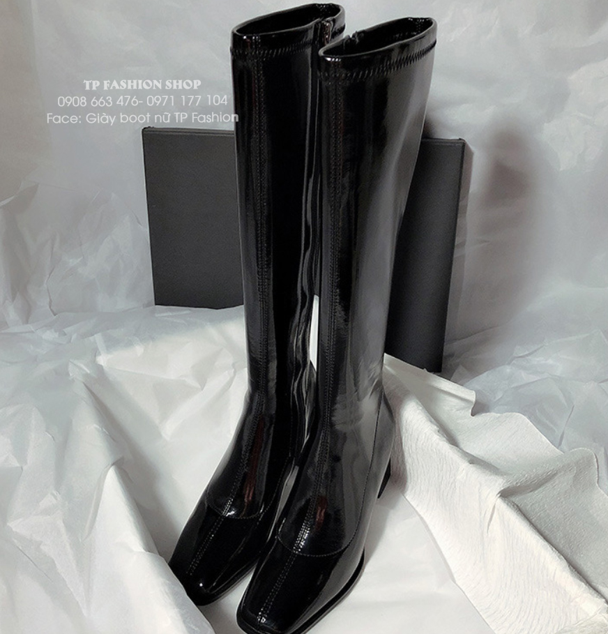 Giày boot nữ cổ cao DƯỚI GỐI chất da bóng mềm ôm chân gót trụ SANG CHẢNH GCC47A