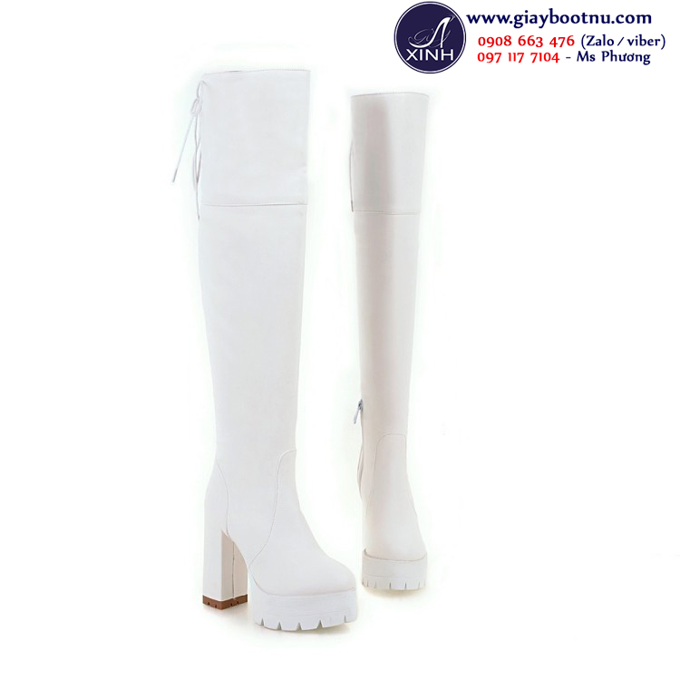 Boot nữ cổ cao 12cm đế vuông sành điệu trắng GCC4802