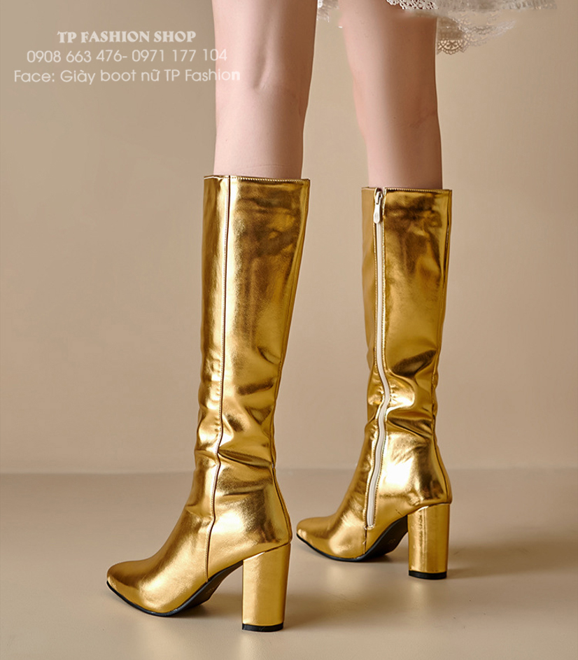 Giày boot nữ cổ cao dưới gối MÀU VÀNG ĐỒNG gót vuông 8.5cm, mũi nhọn THANH DÁNG GCC50B