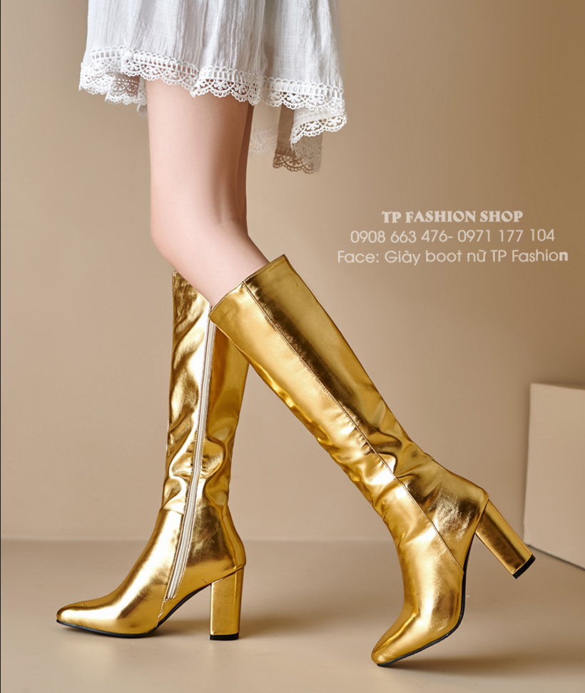 Giày boot nữ cổ cao dưới gối MÀU VÀNG ĐỒNG gót vuông 8.5cm, mũi nhọn THANH DÁNG GCC50B
