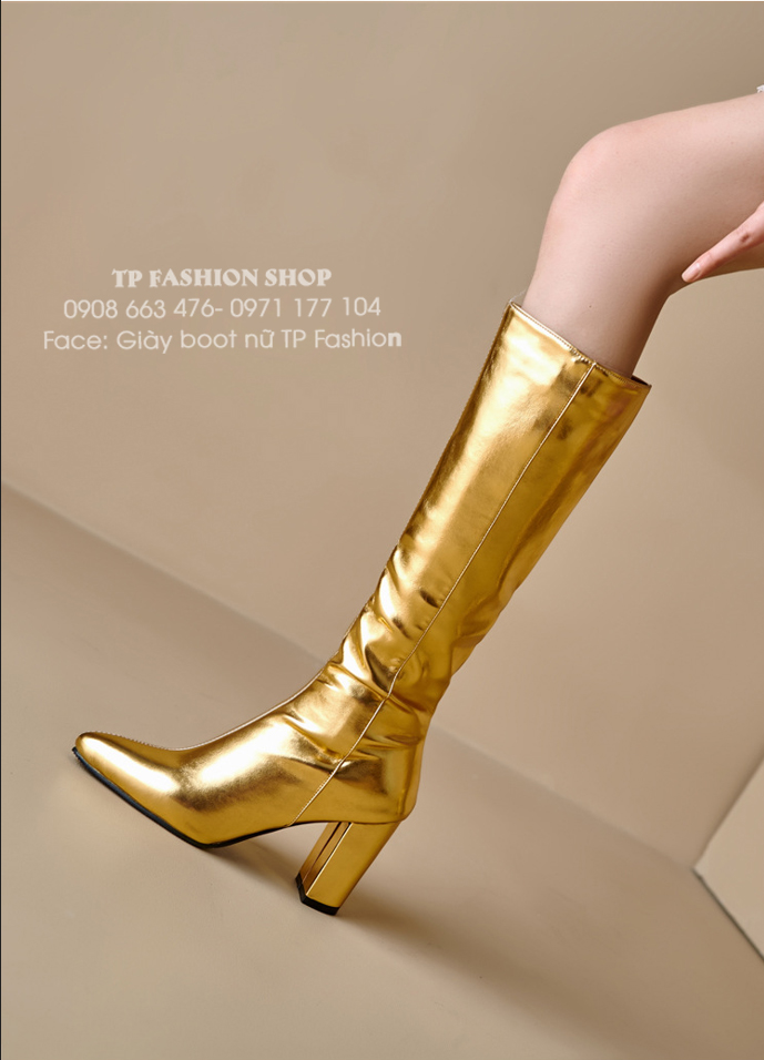 Giày boot nữ cổ cao dưới gối MÀU VÀNG ĐỒNG gót vuông 8.5cm, mũi nhọn THANH DÁNG GCC50B