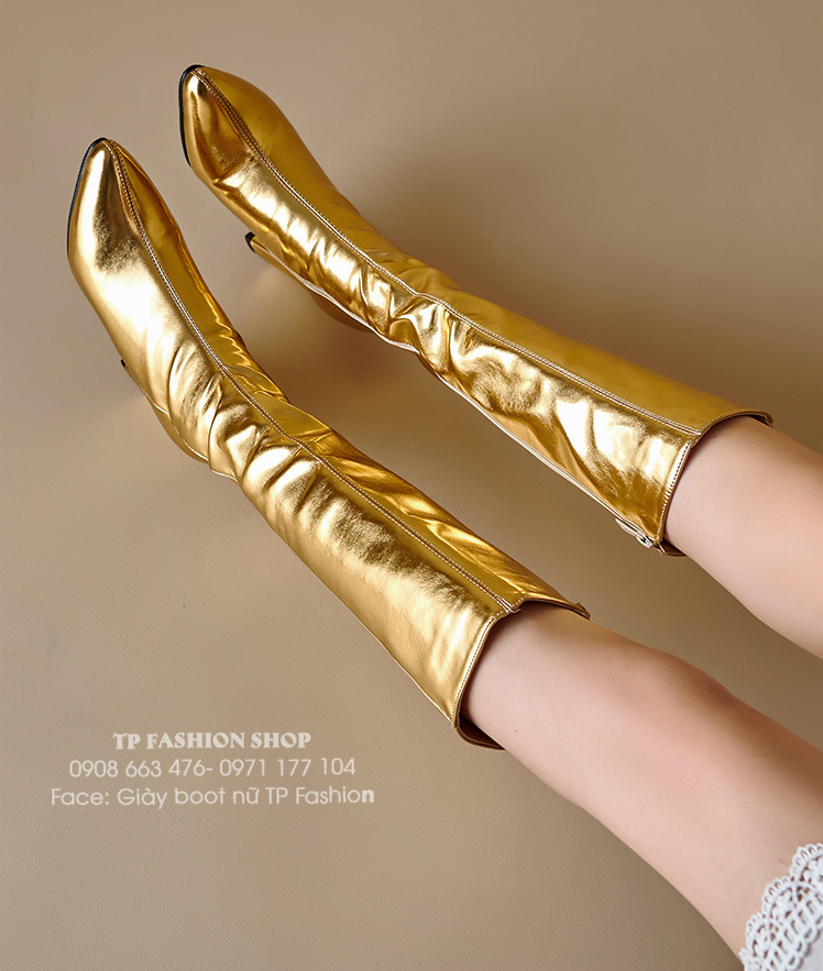 Giày boot nữ cổ cao dưới gối MÀU VÀNG ĐỒNG gót vuông 8.5cm, mũi nhọn THANH DÁNG GCC50B