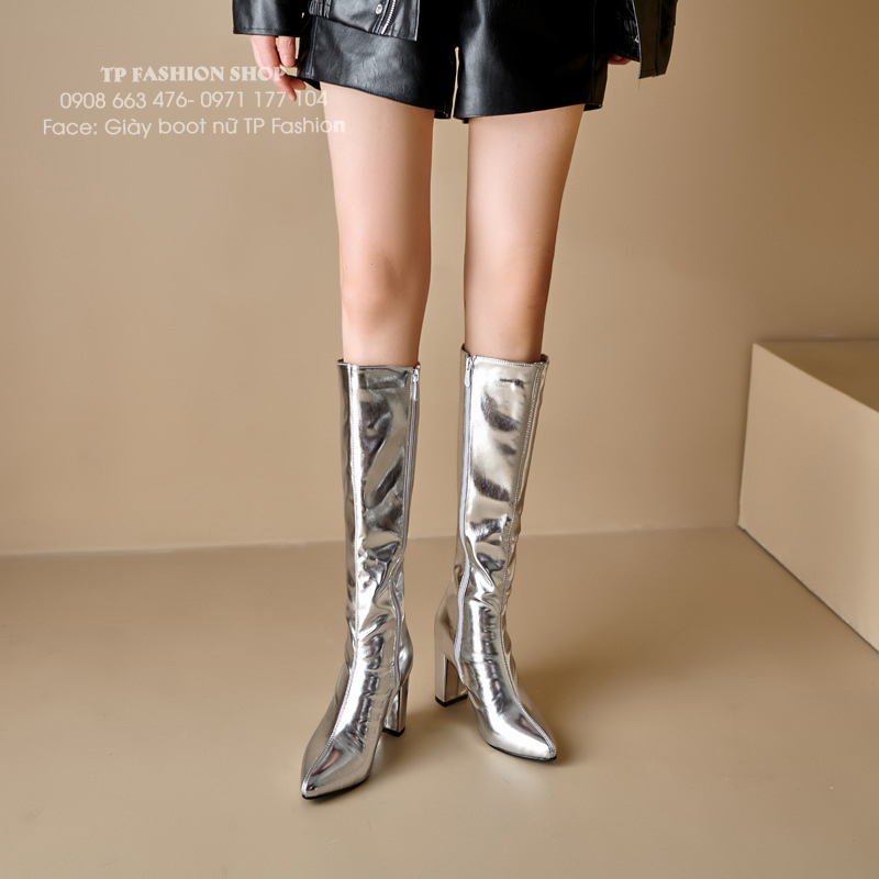 Giày boot nữ cổ cao dưới gối MÀU BẠC gót vuông 8.5cm, mũi nhọn THANH DÁNG GCC50A