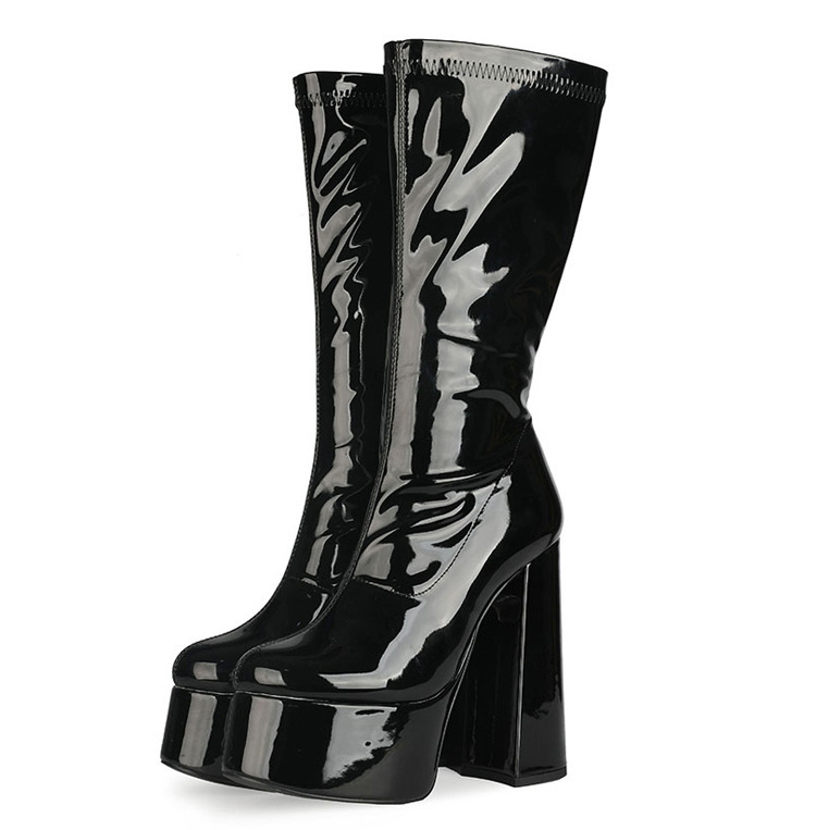 Giày boot cổ cao tới bắp chân ĐƠN GIẢN gót vuông 12cm DA BÓNG GCC52A