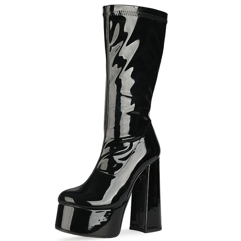 Giày boot cổ cao tới bắp chân ĐƠN GIẢN gót vuông 12cm DA BÓNG GCC52A