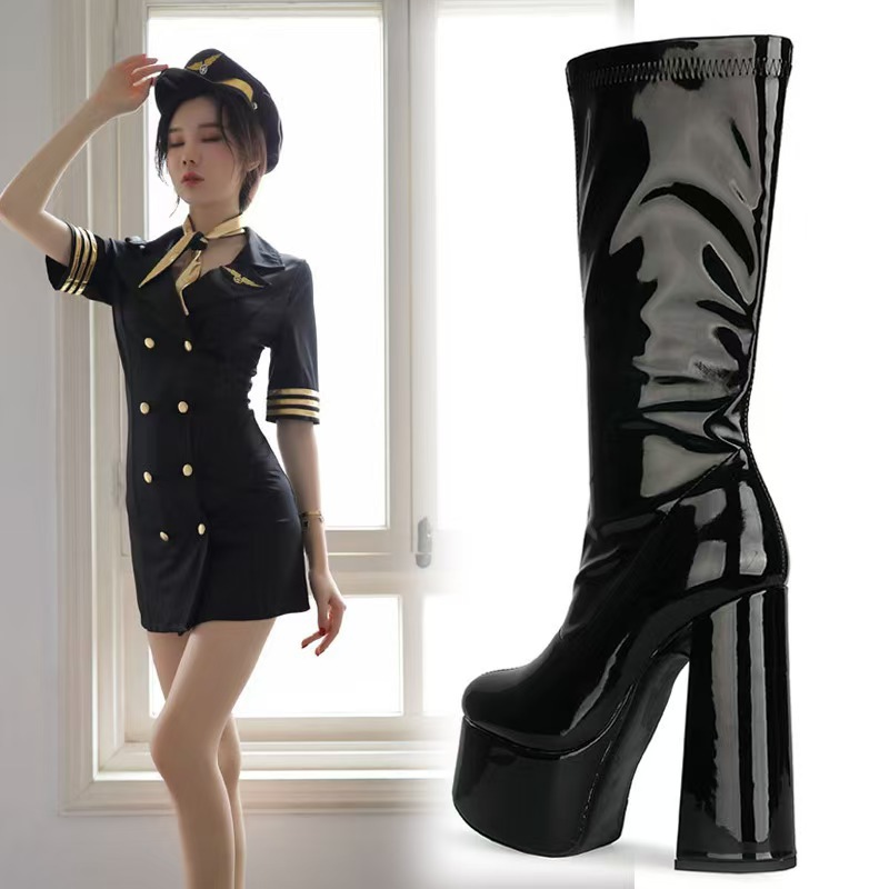 Giày boot cổ cao tới bắp chân ĐƠN GIẢN gót vuông 12cm DA BÓNG GCC52A