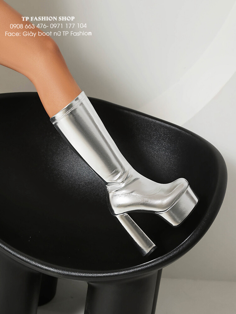 Giày boot BẠC cổ cao DƯỚI GỐI mũi vuông, gót vuông 14CM chắc chắn GCC53A