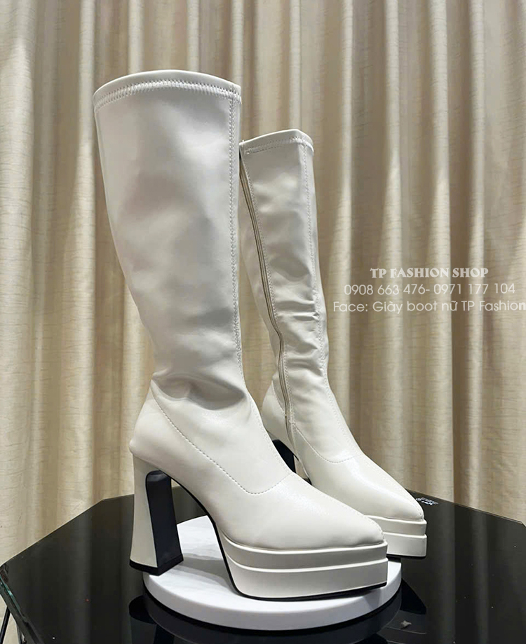 Giày boot cổ cao dưới gối màu KEM GÓT VUỐNG 10cm, mũi nhọn 2 lớp cân đối dễ đi GCC54B