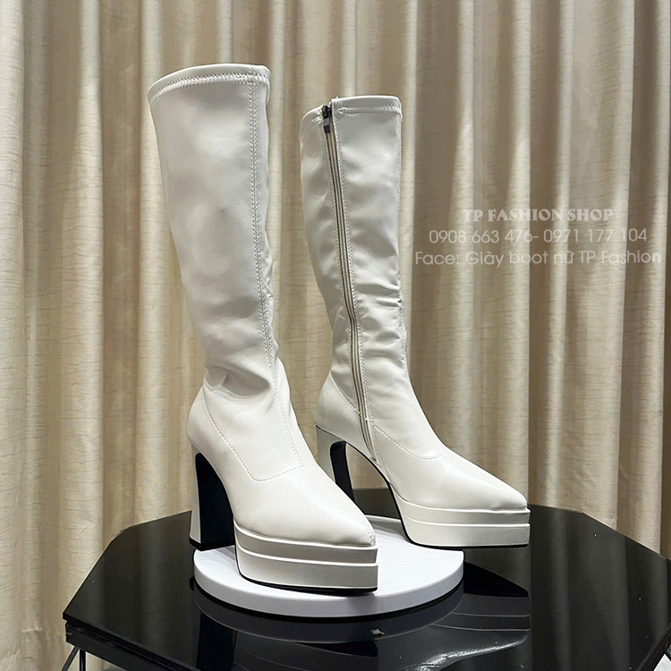 Giày boot cổ cao dưới gối màu KEM GÓT VUỐNG 10cm, mũi nhọn 2 lớp cân đối dễ đi GCC54B