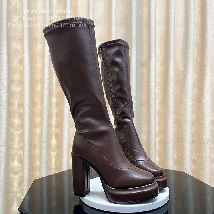 Giày boot cổ cao dưới gối đơn giản màu nâu GÓT 11CM, MŨI 3CM mũi vuông hottrend GCC56C