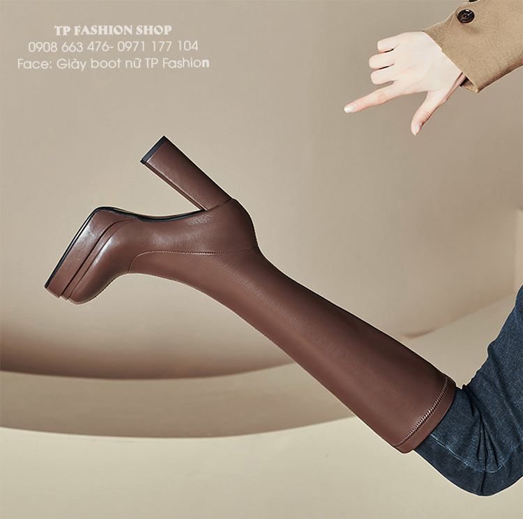 Giày boot cổ cao dưới gối đơn giản màu nâu GÓT 11CM, MŨI 3CM mũi vuông hottrend GCC56C