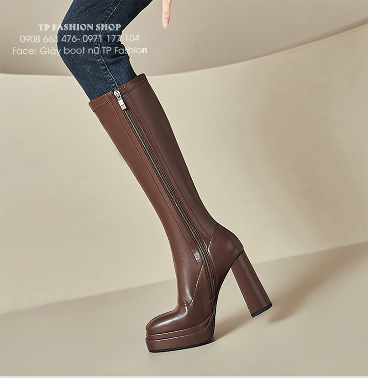 Giày boot cổ cao dưới gối đơn giản màu nâu GÓT 11CM, MŨI 3CM mũi vuông hottrend GCC56C