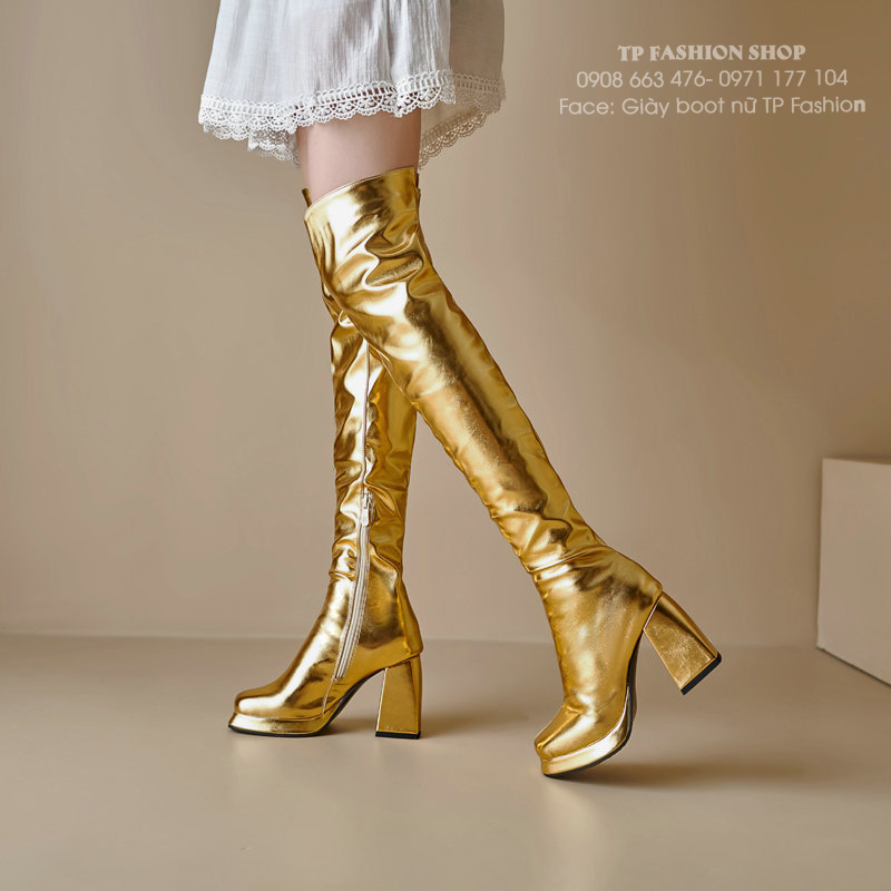 Giày boot cổ cao QUA GỐI màu VÀNG ĐỒNG gót vuông 9cm MŨI VUÔNG thời thượng GCC58B
