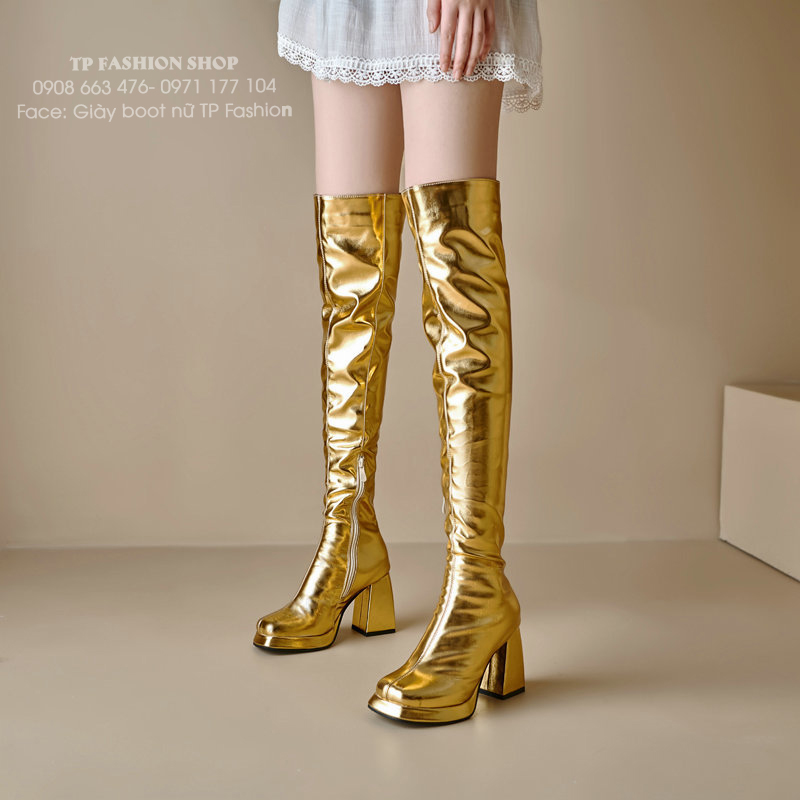 Giày boot cổ cao QUA GỐI màu VÀNG ĐỒNG gót vuông 9cm MŨI VUÔNG thời thượng GCC58B