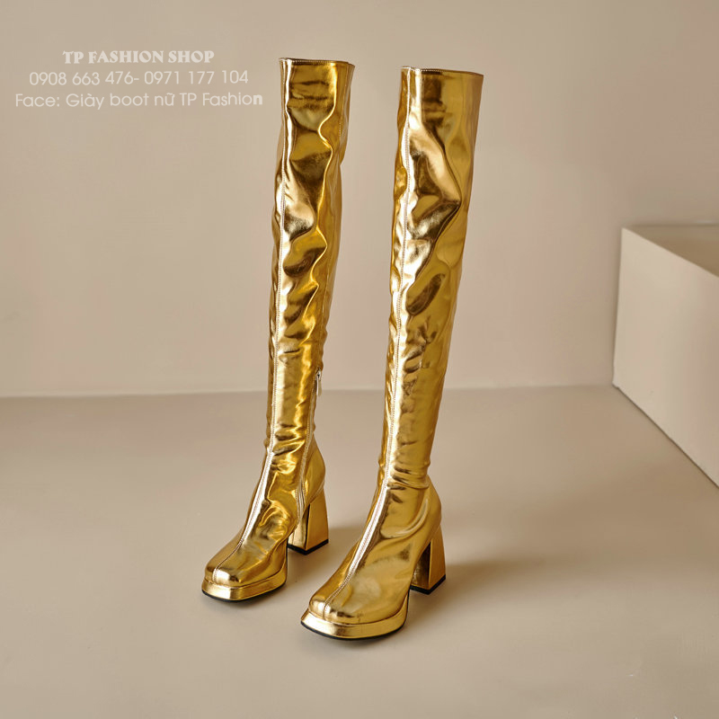 Giày boot cổ cao QUA GỐI màu VÀNG ĐỒNG gót vuông 9cm MŨI VUÔNG thời thượng GCC58B